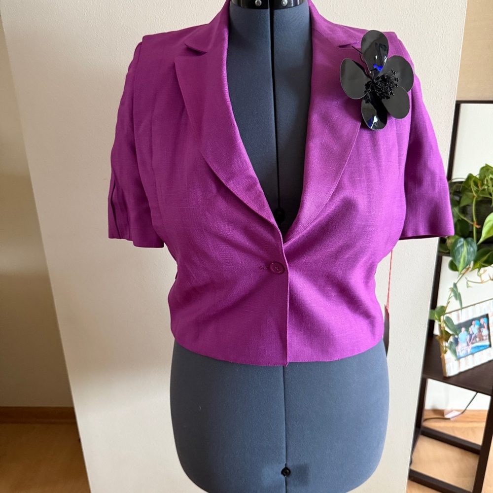 NEW Vintage Harvé Benard Purple Short-Sleeve Lined Jacket w/Black Flower, Sz 6